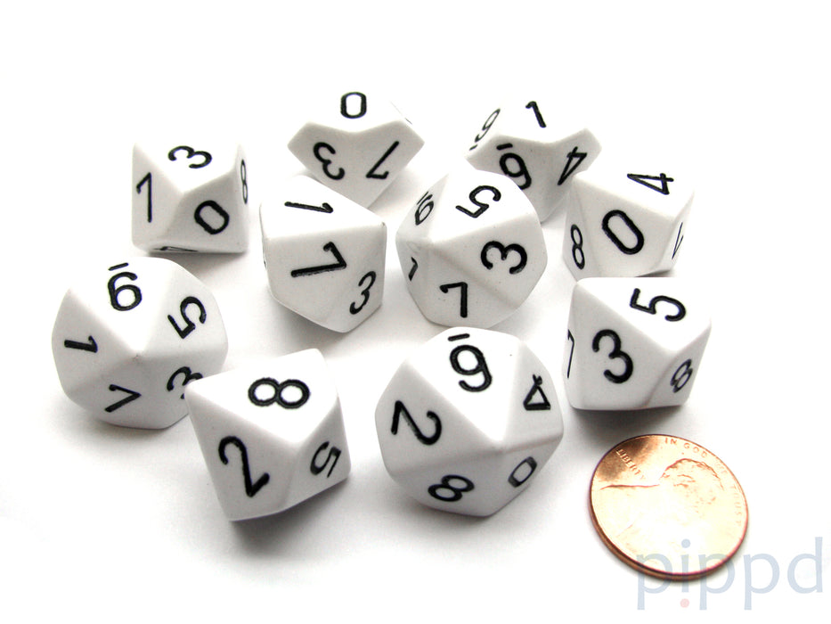 Pack Of 10 Chessex Opaque D10 Dice - White with Black Numbers