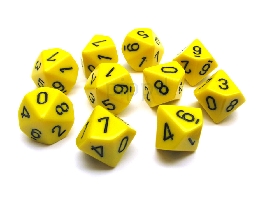 Pack Of 10 Chessex Opaque D10 Dice - Yellow with Black Numbers