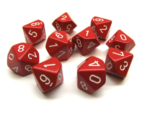 Pack Of 10 Chessex Opaque D10 Dice - Red with White Numbers