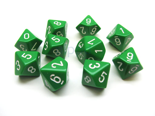 Pack Of 10 Chessex Opaque D10 Dice - Green with White Numbers