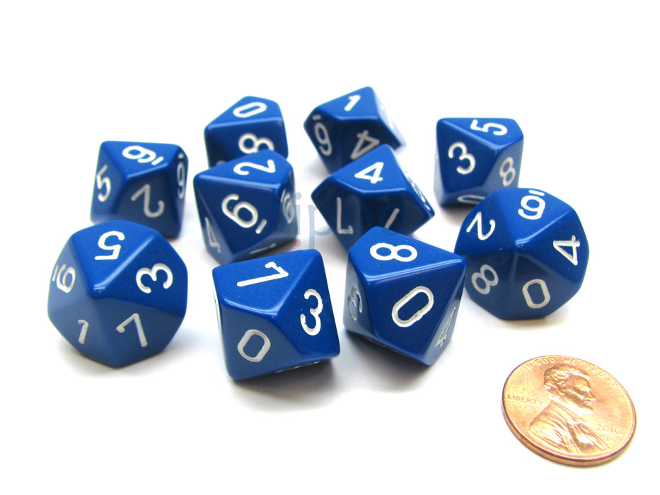 Pack Of 10 Chessex Opaque D10 Dice - Blue with White Numbers