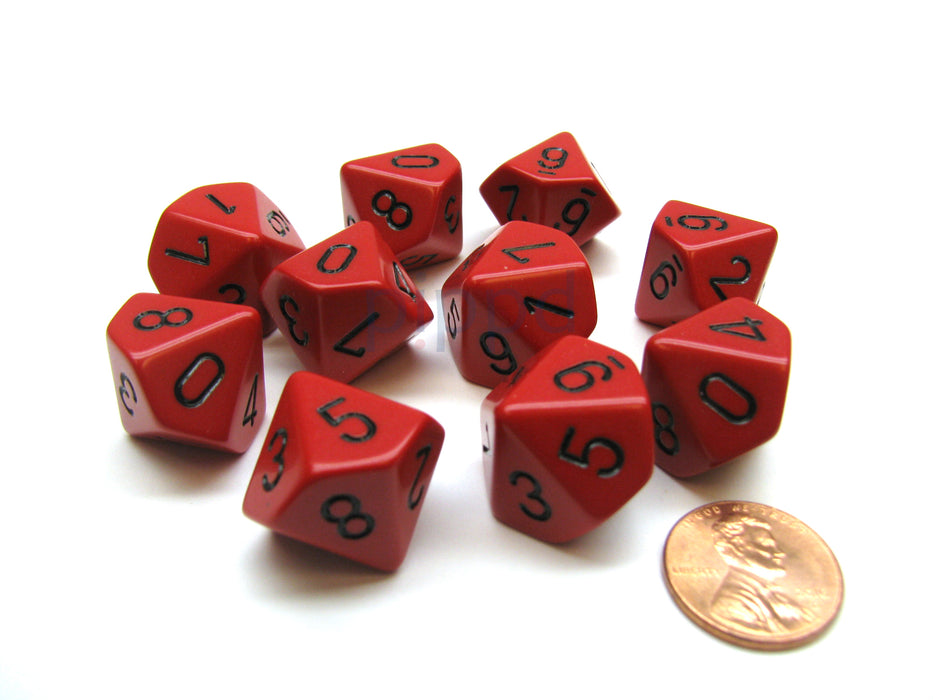 Pack Of 10 Chessex Opaque D10 Dice - Red with Black Numbers
