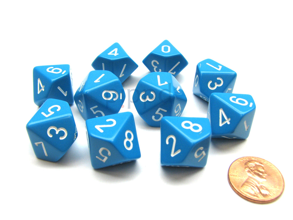 Pack Of 10 Chessex Opaque D10 Dice - Light Blue with White Numbers