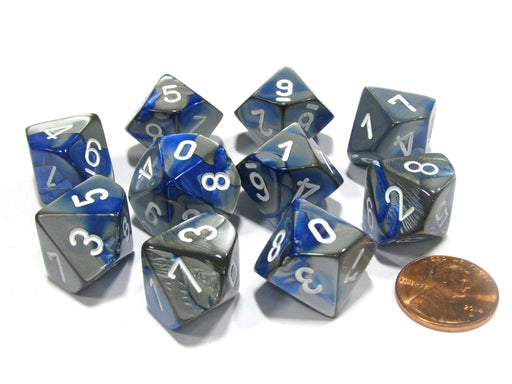 Set of 10 Chessex Gemini D10 Dice - Blue-Steel with White Numbers