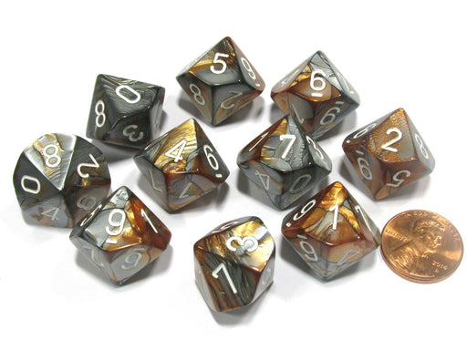 Set of 10 Chessex Gemini D10 Dice - Copper-Steel with White Numbers