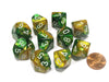 Set of 10 Chessex Gemini D10 Dice - Gold-Green with White Numbers
