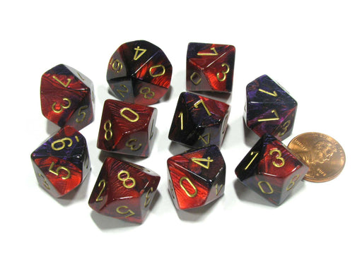 Set of 10 Chessex Gemini D10 Dice - Purple-Red with Gold Numbers