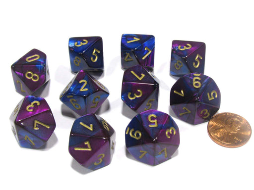 Set of 10 Chessex Gemini D10 Dice - Blue-Purple with Gold Numbers