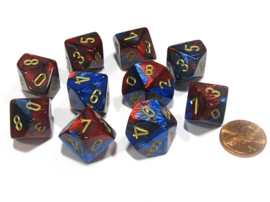 Set of 10 Chessex Gemini D10 Dice - Blue-Red with Gold Numbers