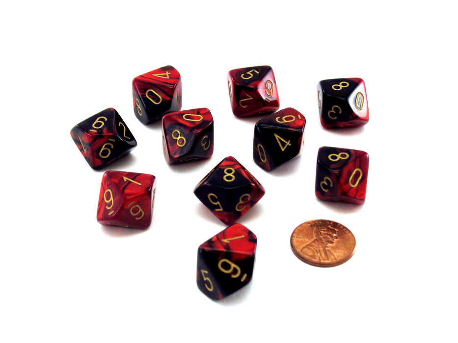 Set of 10 Chessex Gemini D10 Dice - Black-Red with Gold Numbers