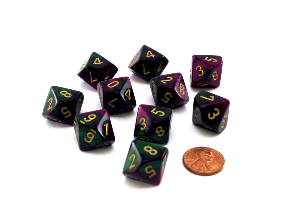 Set of 10 Chessex Gemini D10 Dice - Green-Purple with Gold Numbers