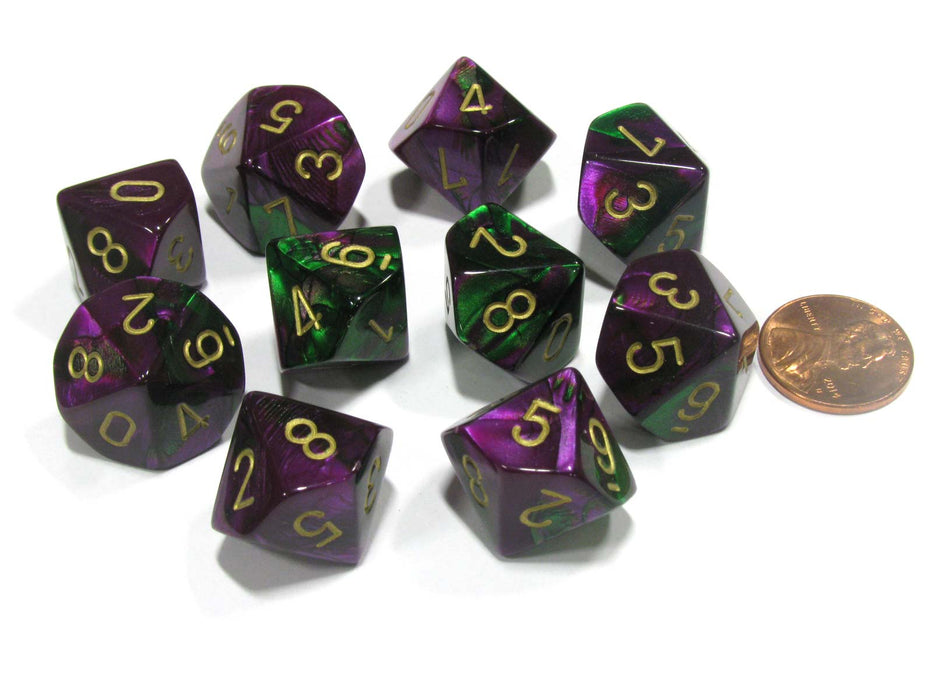 Set of 10 Chessex Gemini D10 Dice - Green-Purple with Gold Numbers