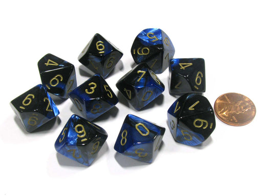 Set of 10 Chessex Gemini D10 Dice - Black-Blue with Gold Numbers