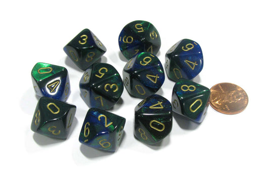 Set of 10 Chessex Gemini D10 Dice - Blue-Green with Gold Numbers