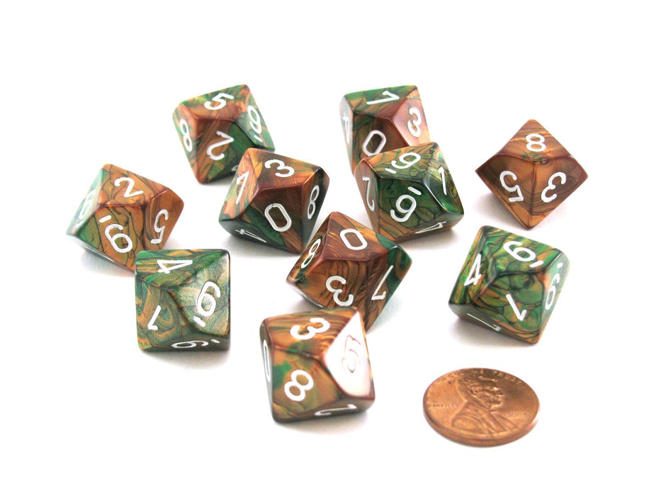 Set of 10 Chessex D10 Dice - Gemini Copper-Green with White Numbers