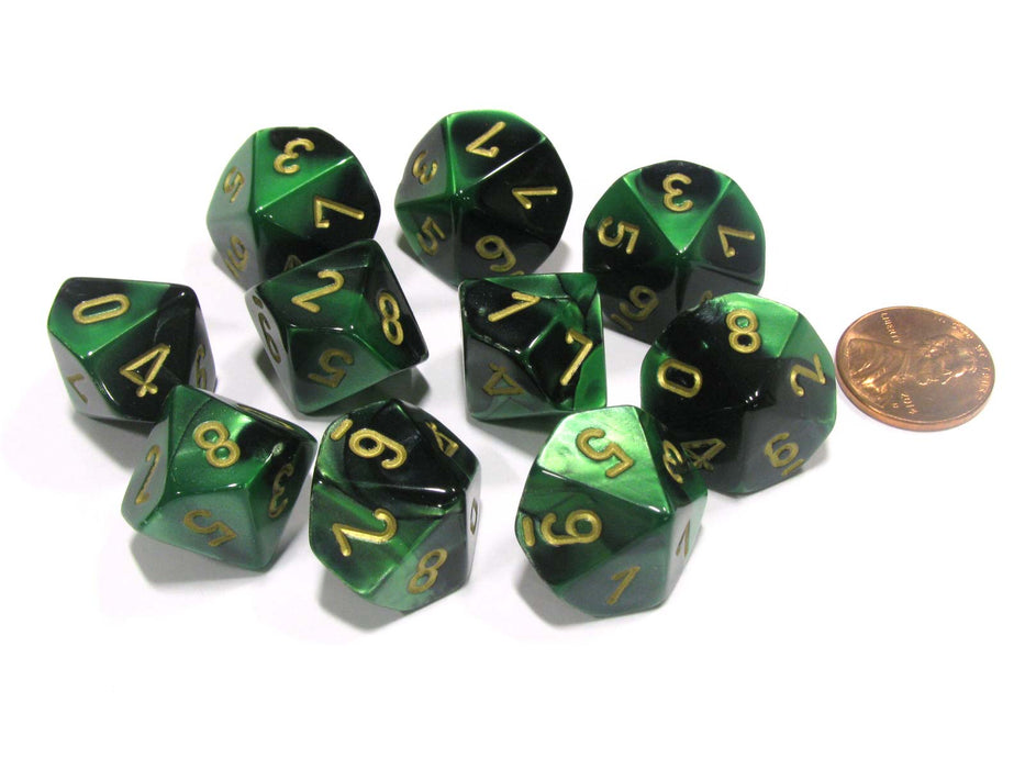 Set of 10 Chessex Gemini D10 Dice - Black-Green with Gold Numbers