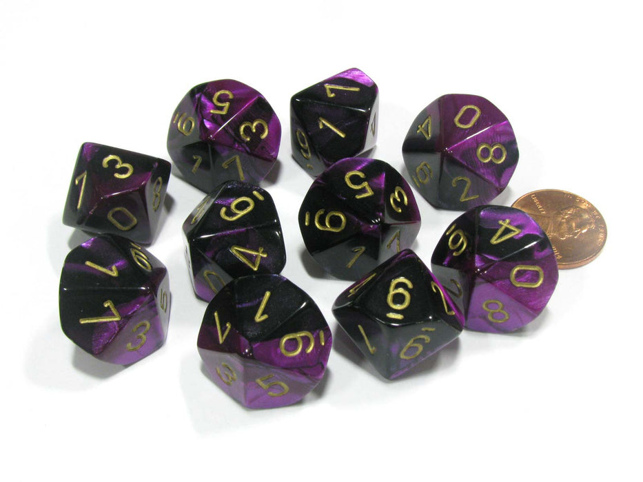 Set of 10 Chessex Gemini D10 Dice - Black-Purple with Gold Numbers