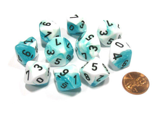 Set of 10 Chessex Gemini D10 Dice - Teal-White with Black Numbers