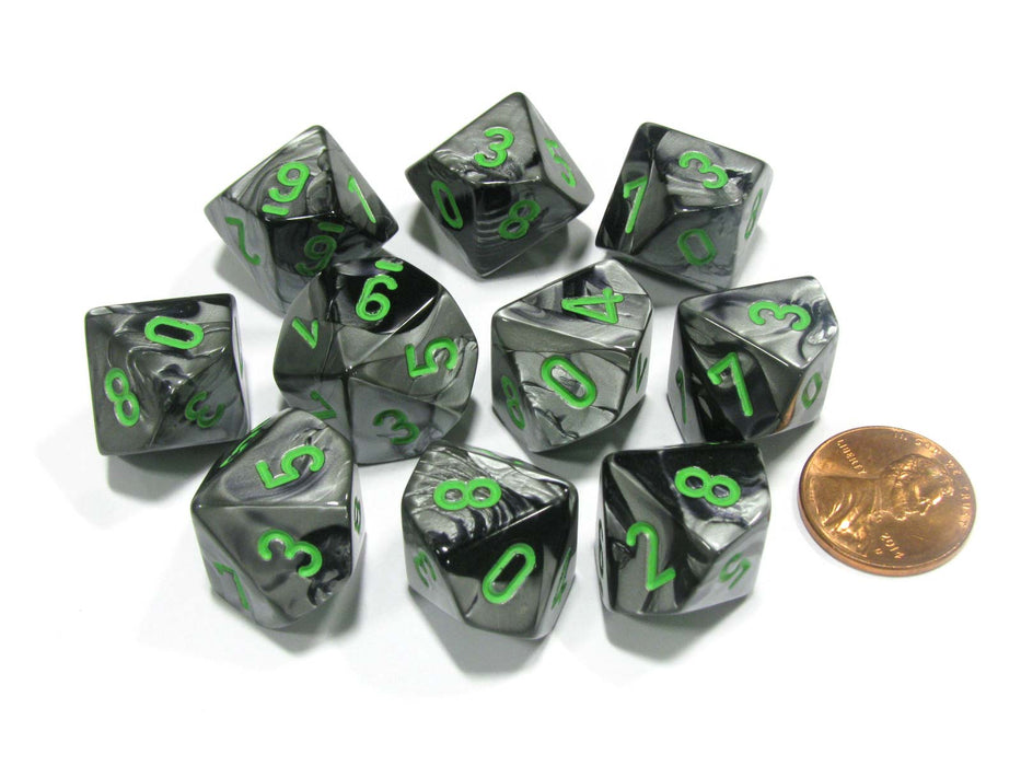Set of 10 Chessex Gemini D10 Dice - Black-Grey with Green Numbers