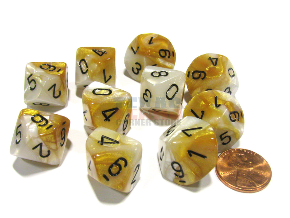 Set of 10 Chessex D10 Dice - Gemini Gold-White with Black Numbers