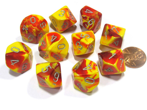 Set of 10 Chessex Gemini D10 Dice - Red-Yellow with Silver Numbers