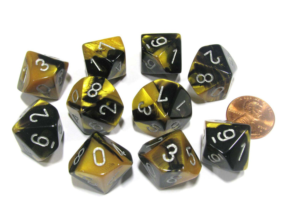 Set of 10 Chessex Gemini D10 Dice - Black-Gold with Silver Numbers