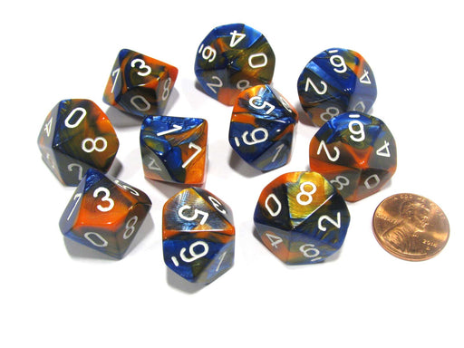 Set of 10 Chessex Gemini D10 Dice - Blue-Orange with White Numbers