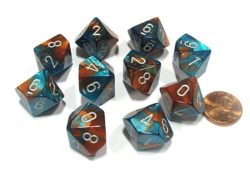Set of 10 Chessex Gemini D10 Dice - Copper-Teal with Silver Numbers