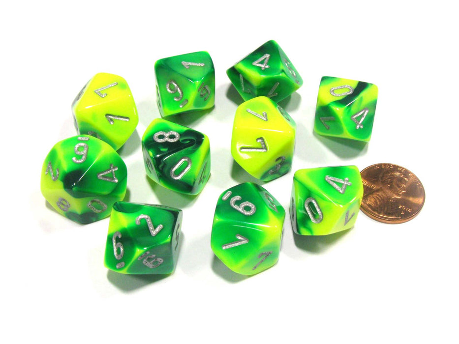 Set of 10 Chessex Gemini D10 Dice - Green-Yellow with Silver Numbers