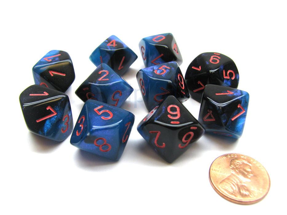 Pack Of 10 Chessex Gemini D10 Dice - Black-Starlight with Red Numbers