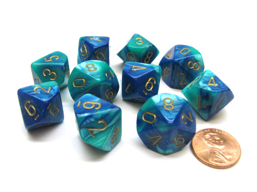 Pack Of 10 Chessex Gemini D10 Dice - Blue-Teal with Gold Numbers