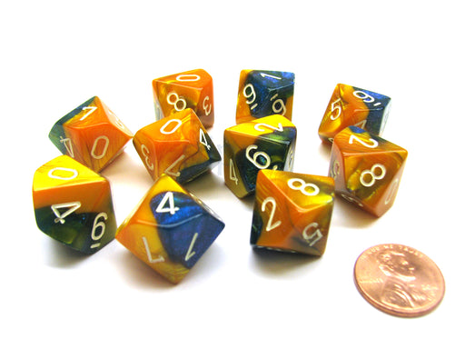 Pack Of 10 Chessex Gemini D10 Dice - Masquerade-Yellow with White Numbers