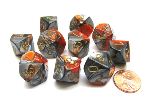 Pack Of 10 Chessex Gemini D10 Dice - Orange-Steel with Gold Numbers