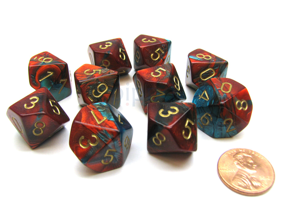 Pack Of 10 Chessex Gemini D10 Dice - Red-Teal with Gold Numbers