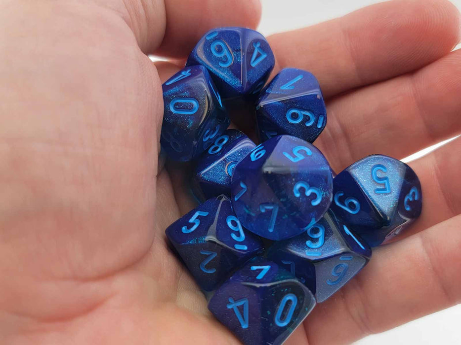 Set of 10 Chessex Luminary Gemini D10 Dice - Blue-Blue with Light Blue Numbers