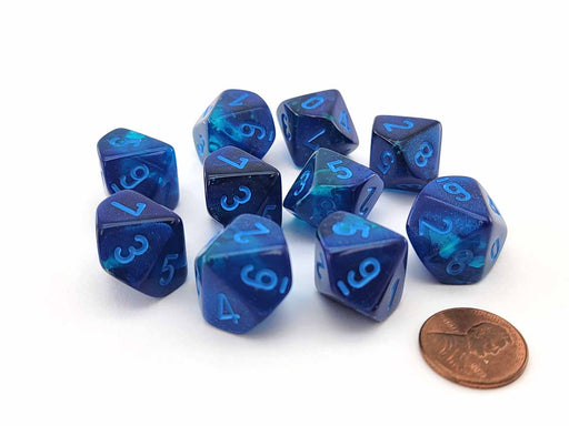 Set of 10 Chessex Luminary Gemini D10 Dice - Blue-Blue with Light Blue Numbers