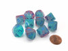Set of 10 Chessex Luminary Gemini D10 Dice - Gel Green-Pink with Blue Numbers