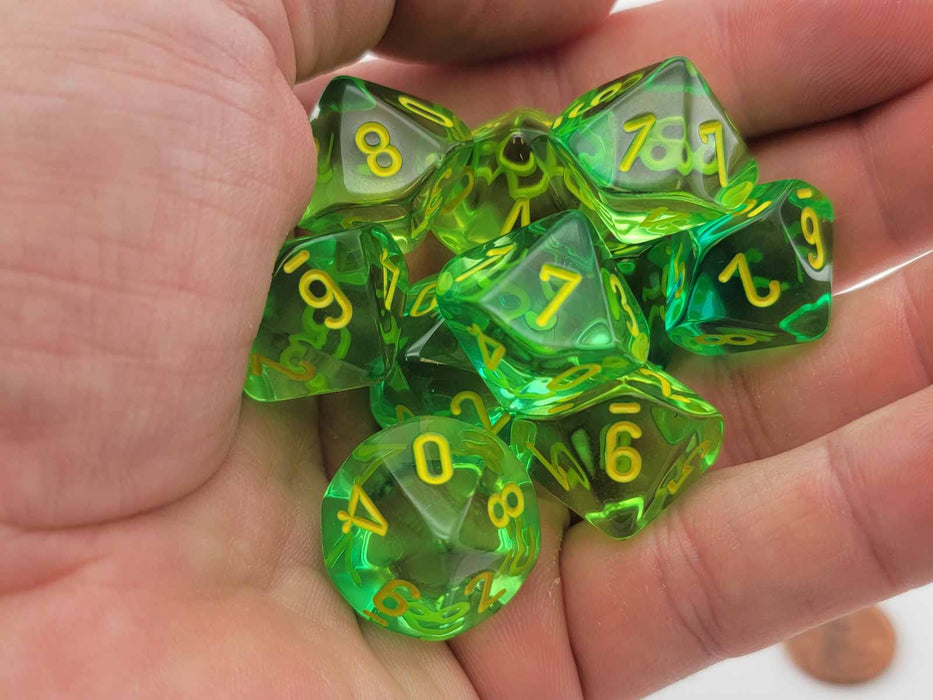 Set of 10 Chessex Gemini D10 Dice - Translucent Green-Teal with Yellow Numbers