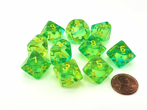 Set of 10 Chessex Gemini D10 Dice - Translucent Green-Teal with Yellow Numbers