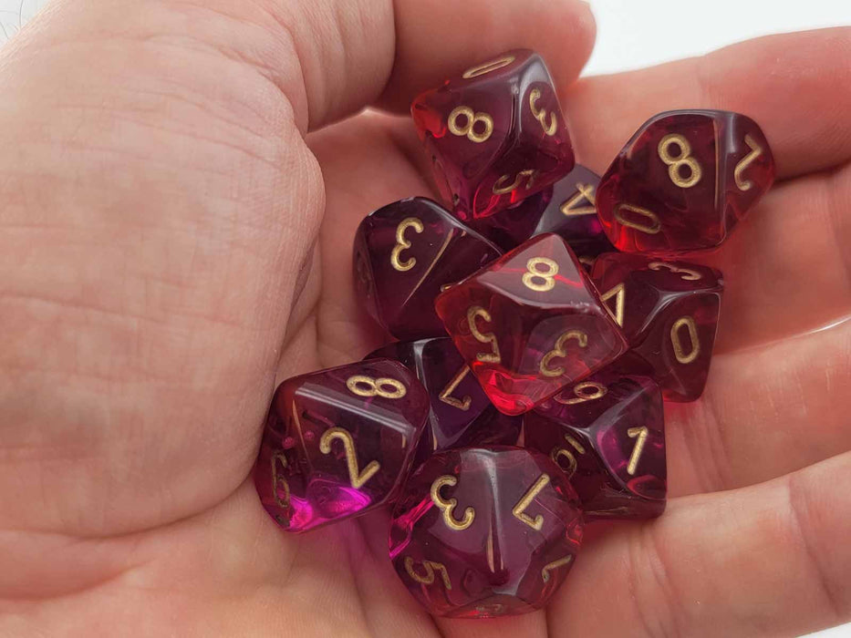 Set of 10 Chessex Gemini D10 Dice - Translucent Red-Violet with Gold Numbers