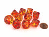Set of 10 Chessex Gemini D10 Dice - Translucent Red-Yellow with Gold Numbers