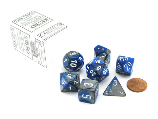 Polyhedral 7-Die Gemini Chessex Dice Set - Blue-Steel with White Numbers