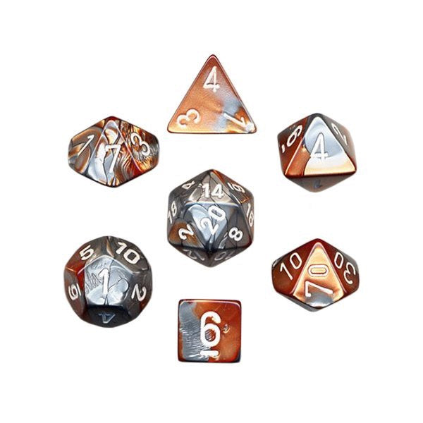 Polyhedral 7-Die Gemini Chessex Dice Set - Copper-Steel with White Numbers
