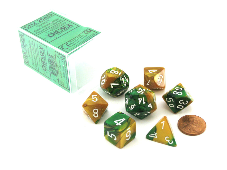 Polyhedral 7-Die Gemini Chessex Dice Set - Gold-Green with White Numbers