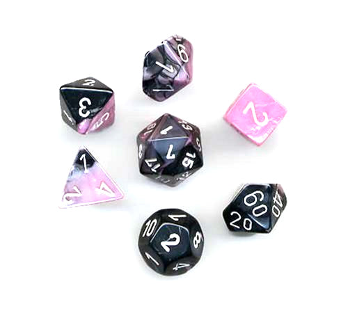 Polyhedral 7-Die Gemini Chessex Dice Set - Black-Pink with White Numbers
