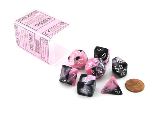 Polyhedral 7-Die Gemini Chessex Dice Set - Black-Pink with White Numbers