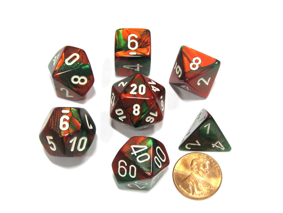 Polyhedral 7-Die Gemini Chessex Dice Set - Green-Red with White Numbers