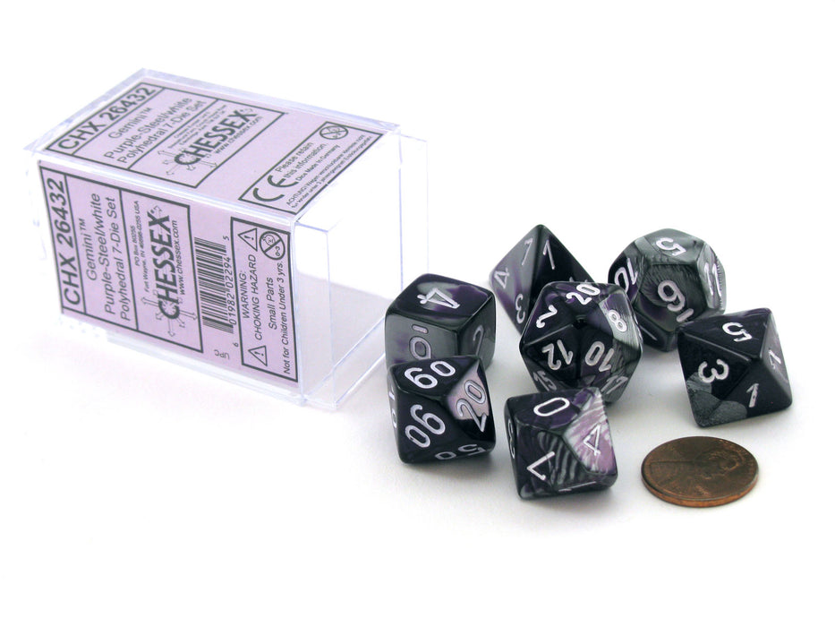Polyhedral 7-Die Gemini Chessex Dice Set - Purple-Steel with White Numbers
