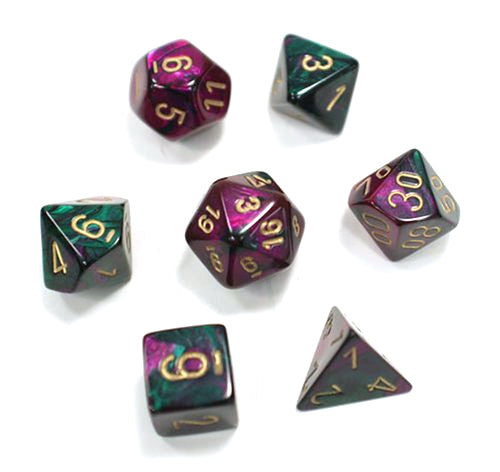 Polyhedral 7-Die Gemini Chessex Dice Set - Green-Purple with Gold Numbers
