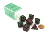Polyhedral 7-Die Gemini Chessex Dice Set - Green-Purple with Gold Numbers